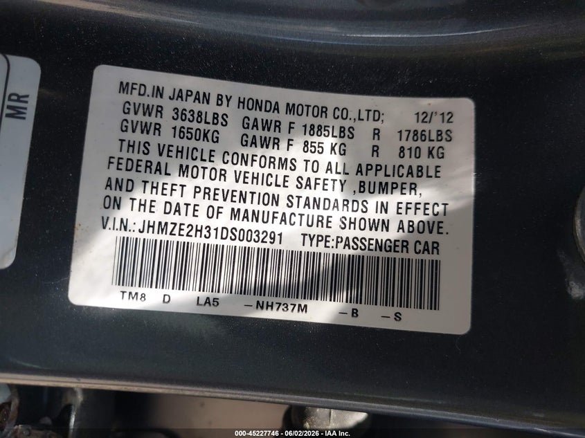 2013 Honda Insight VIN JHMZE2H31DS003291 IAAI salvage auction — FRONT END, Salvage Title, sold $1,100 on 2026-07-22 (photo 9)