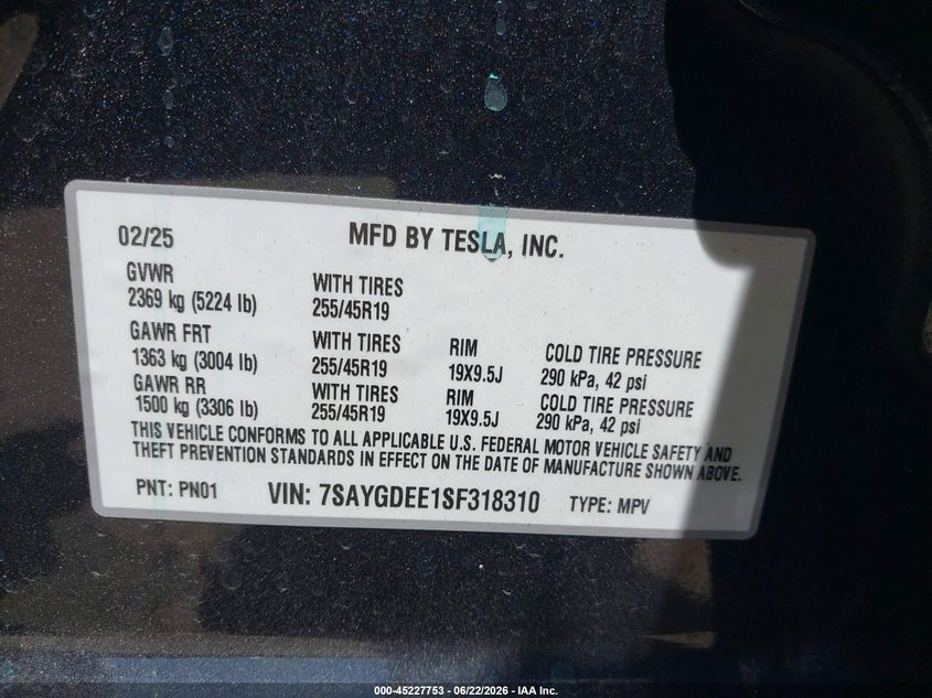 2025 Tesla Model y VIN 7SAYGDEE1SF318310 IAAI salvage auction — FRONT END, Clear (California), sold $23,300 on 2026-07-08 (photo 9)