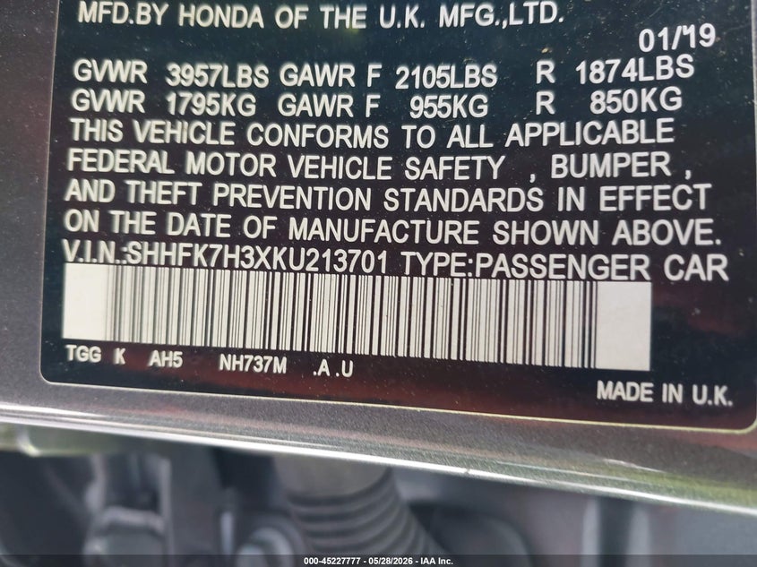 2019 Honda Civic VIN SHHFK7H3XKU213701 IAAI salvage auction — REAR END, Salvage Title, sold $3,350 on 2026-07-22 (photo 9)
