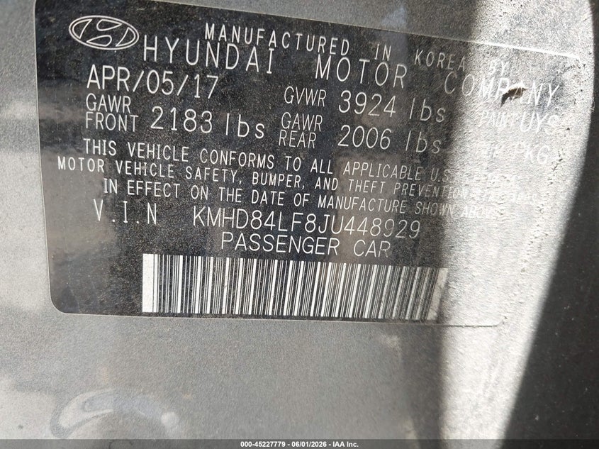 2018 Hyundai Elantra VIN KMHD84LF8JU448929 IAAI salvage auction — REAR END, Salvage Title, sold $2,100 on 2026-07-15 (photo 9)