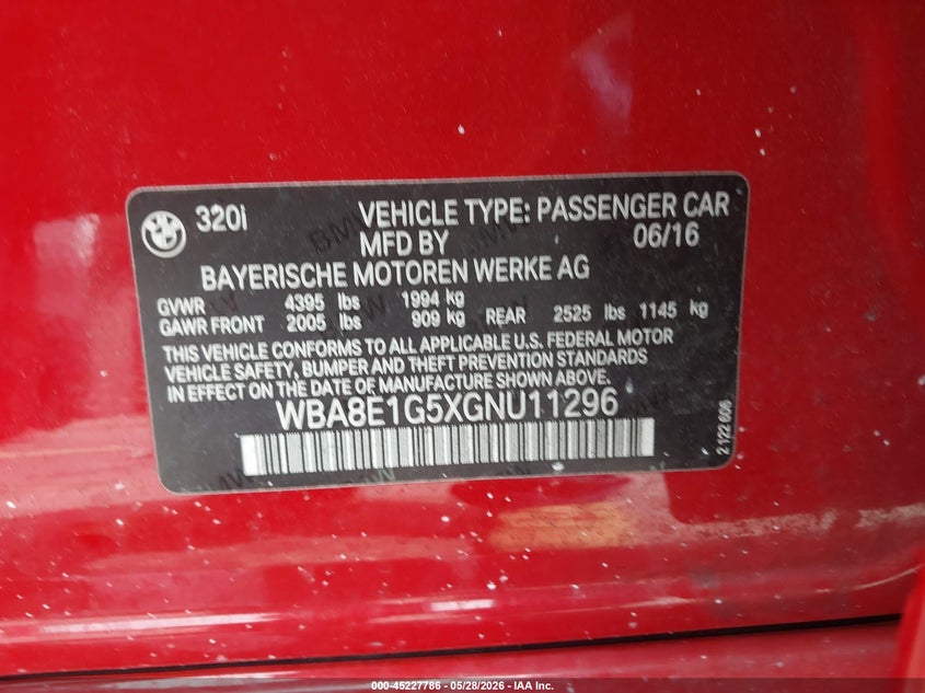 2016 BMW 3er VIN WBA8E1G5XGNU11296 IAAI salvage auction — LEFT FRONT, Rebuildable (Florida), sold $975 on 2026-07-09 (photo 9)