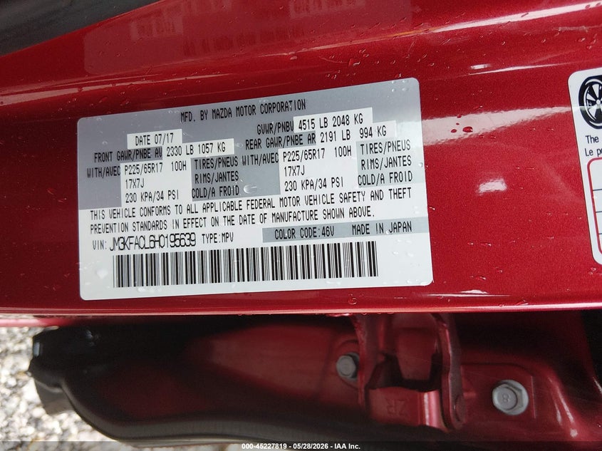 2017 Mazda Cx-5 VIN JM3KFACL6H0195639 IAAI salvage auction — HAIL, Salvage Title, sold $6,200 on 2026-07-13 (photo 9)