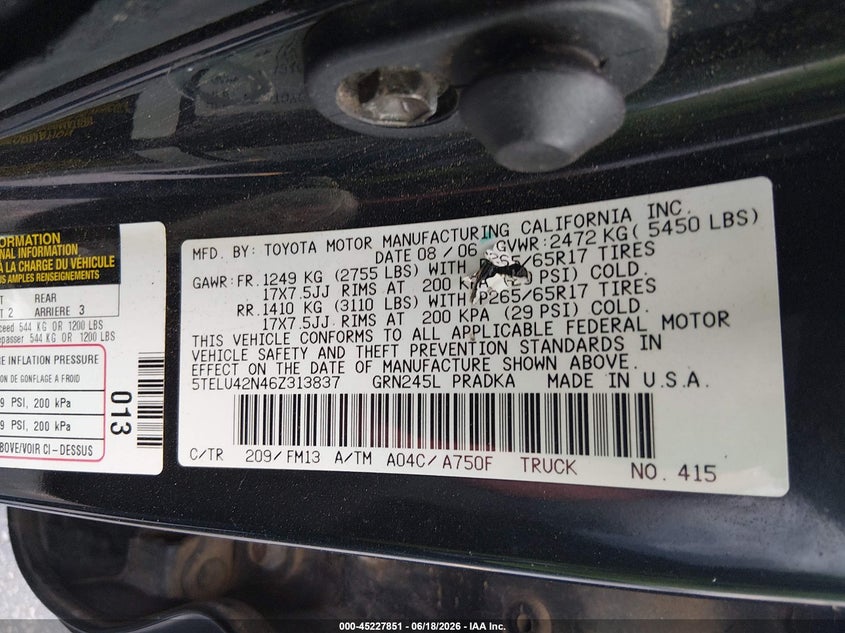 2006 Toyota Tacoma VIN 5TELU42N46Z313837 IAAI salvage auction — ROLLOVER, Salvage (South Carolina), sold $2,700 on 2026-07-08 (photo 9)