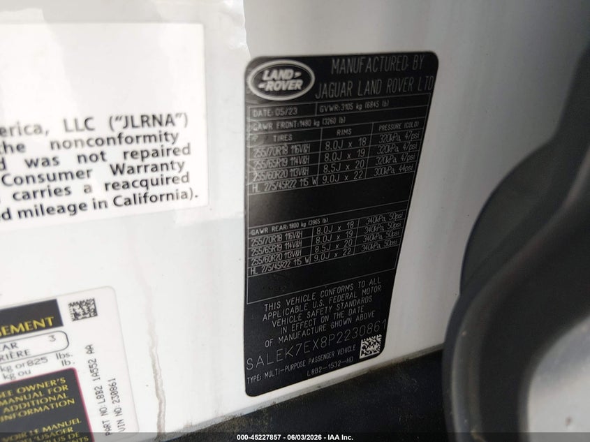 2023 Land rover Defender VIN SALEK7EX8P2230861 IAAI salvage auction — REAR END, Salvage Title, sold $18,500 on 2026-08-27 (photo 9)