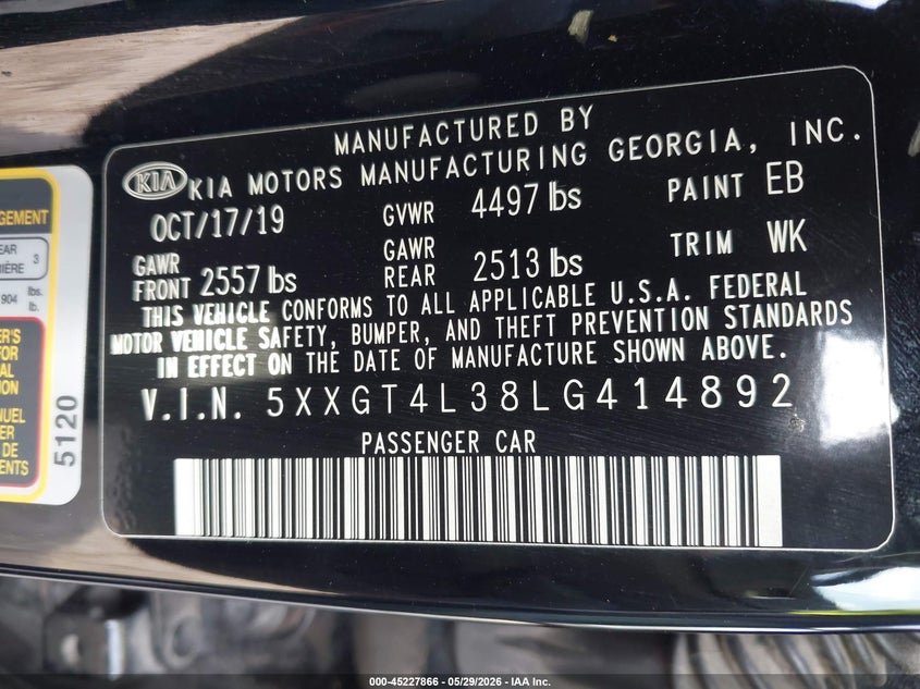 2020 Kia Optima VIN 5XXGT4L38LG414892 IAAI salvage auction — FRONT END, Salvage Title, sold $1,400 on 2026-07-20 (photo 9)