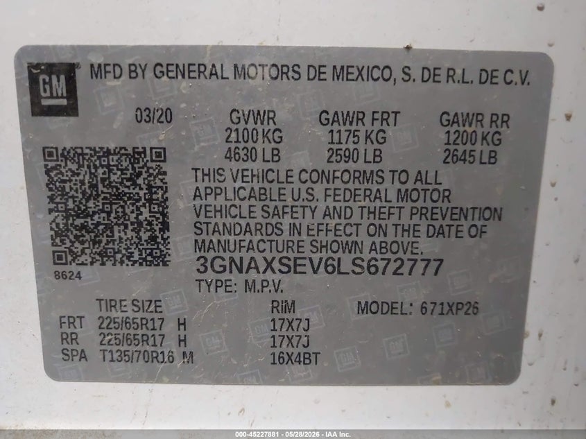 2020 Chevrolet Equinox VIN 3GNAXSEV6LS672777 IAAI salvage auction — NORMAL WEAR, SF97 (South Dakota), sold $10,725 on 2026-07-09 (photo 9)