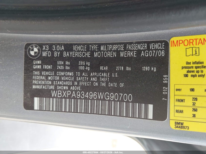 2006 BMW X3 VIN WBXPA93496WG90700 IAAI salvage auction — LEFT SIDE, Salvage (Rhode Island), sold $25 on 2026-07-28 (photo 9)