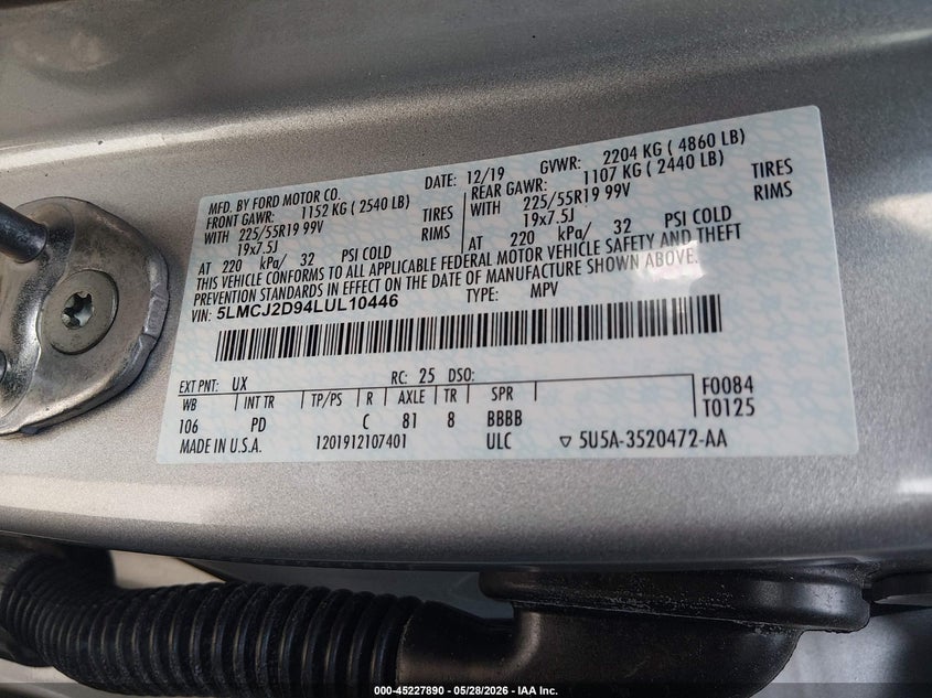 2020 Lincoln Corsair VIN 5LMCJ2D94LUL10446 IAAI salvage auction — RIGHT FRONT, Certificate Of Destruction (Florida), sold $4,800 on 2026-07-11 (photo 9)