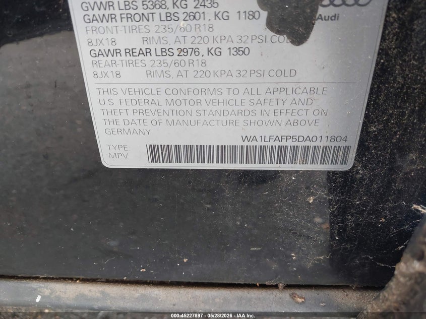 2013 Audi Q5 VIN WA1LFAFP5DA011804 IAAI salvage auction — NORMAL WEAR, Clear (Montana), sold $250 on 2026-07-29 (photo 9)