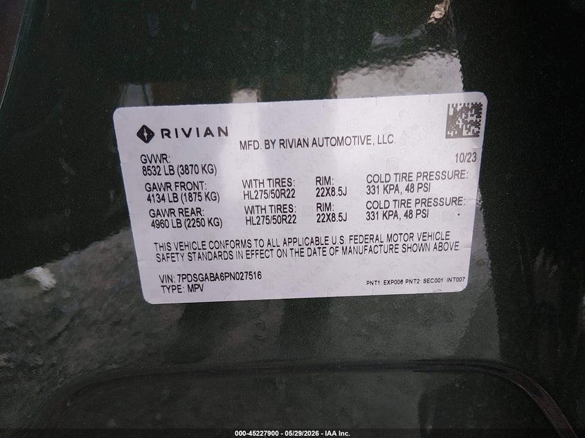 2023 Rivian R1s VIN 7PDSGABA6PN027516 IAAI salvage auction — LEFT FRONT, Salvage (South Carolina), sold $2,550 on 2026-07-28 (photo 9)