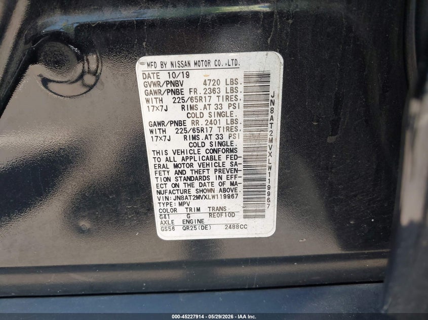 2020 Nissan Rogue VIN JN8AT2MVXLW119967 IAAI salvage auction — FRONT END, Salvage Title, sold $3,800 on 2026-07-15 (photo 9)