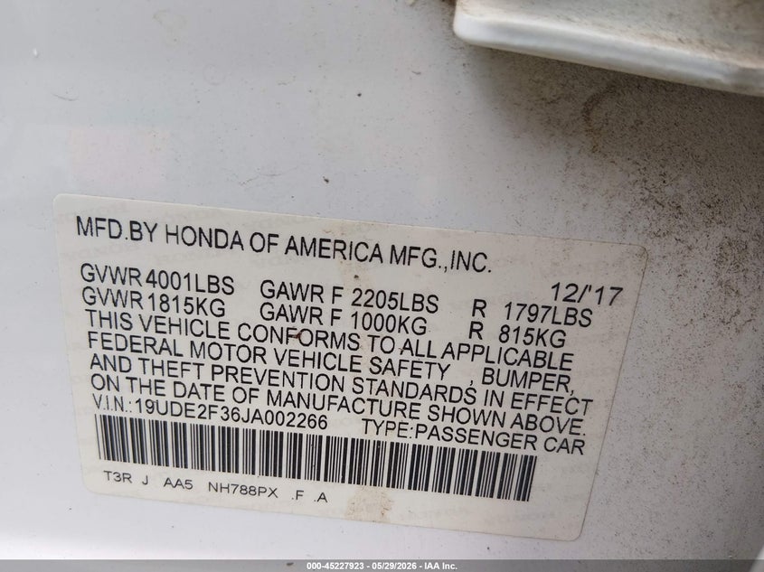 2018 Acura Ilx VIN 19UDE2F36JA002266 IAAI salvage auction — FRONT END, Salvage (Tennessee), sold $650 on 2026-07-23 (photo 9)