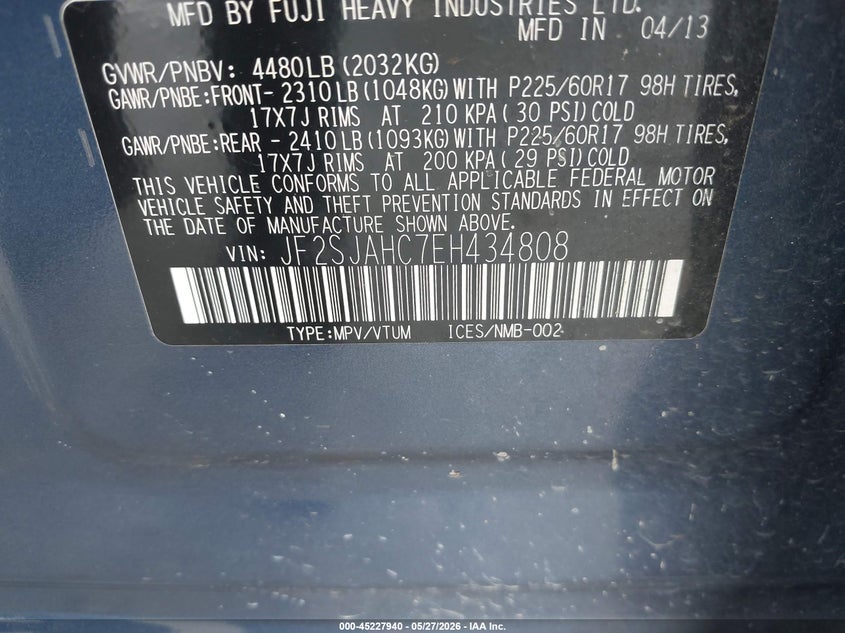 2014 Subaru Forester VIN JF2SJAHC7EH434808 IAAI salvage auction — FRONT END, Salvage Title, sold $1,050 on 2026-07-15 (photo 9)