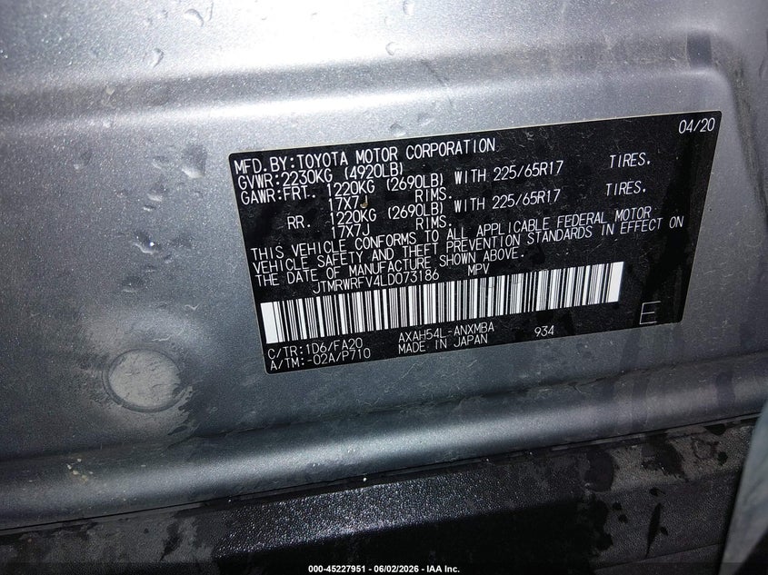 2020 Toyota Rav 4 VIN JTMRWRFV4LD073186 IAAI salvage auction — FRONT END, Salvage Title, sold $10,200 on 2026-07-17 (photo 9)
