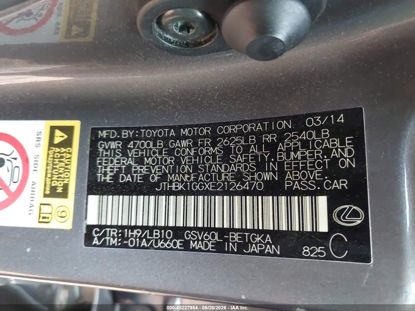 2014 Lexus ES VIN JTHBK1GGXE2126470 IAAI salvage auction — FRONT END, Salvage Title, sold $2,825 on 2026-07-20 (photo 9)