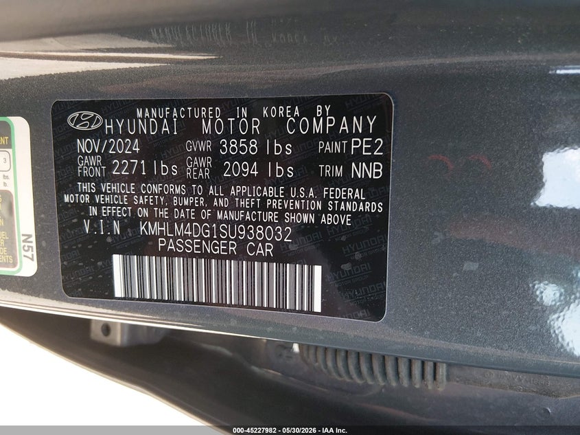 2025 Hyundai Elantra VIN KMHLM4DG1SU938032 IAAI salvage auction — HAIL, Salvage Title, sold $6,600 on 2026-07-24 (photo 9)