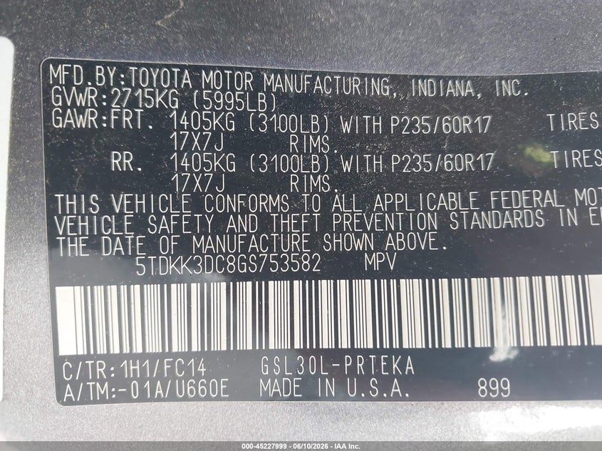 2016 Toyota Sienna VIN 5TDKK3DC8GS753582 IAAI salvage auction — UNKNOWN, Salvage (Minnesota), sold $725 on 2026-07-22 (photo 9)