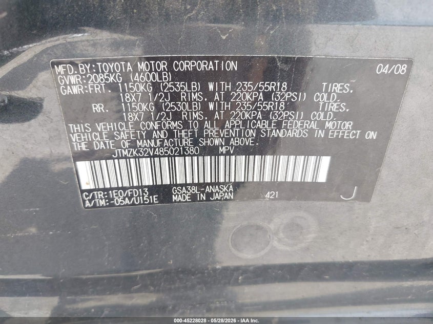 2008 Toyota Rav4 VIN JTMZK32V485021380 IAAI salvage auction — LEFT SIDE, Clear (Indiana), sold $1,000 on 2026-07-23 (photo 9)