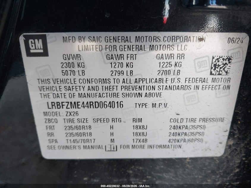 2024 Buick Envision VIN LRBFZME44RD064016 IAAI salvage auction — FRONT END, Original (West Virginia), sold $13,400 on 2026-07-09 (photo 9)