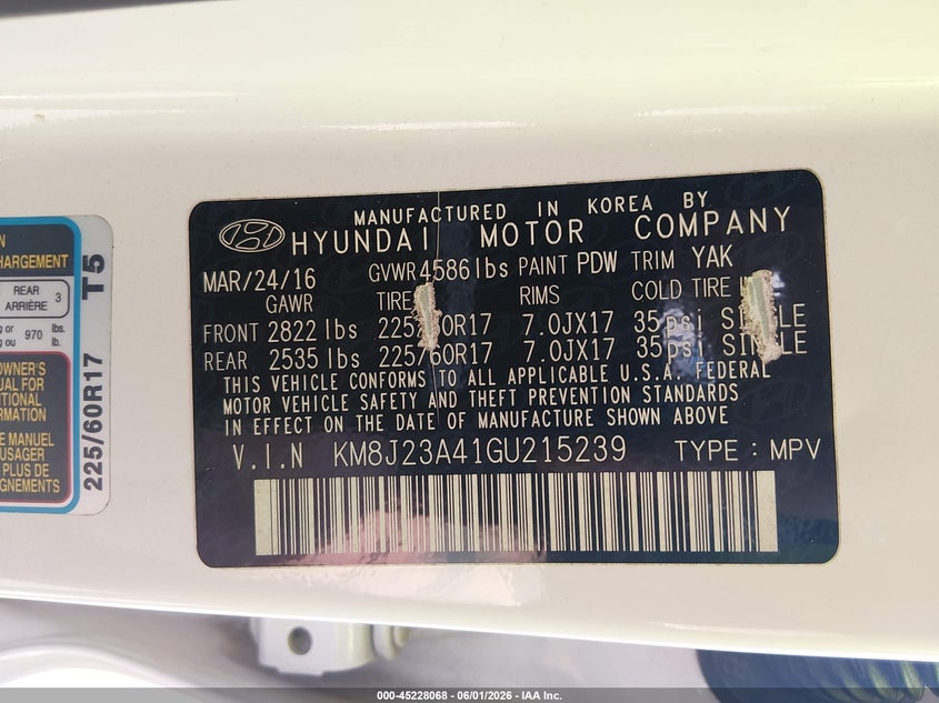 2016 Hyundai Tucson VIN KM8J23A41GU215239 IAAI salvage auction — REAR END, Salvage Title, sold $2,600 on 2026-07-08 (photo 9)