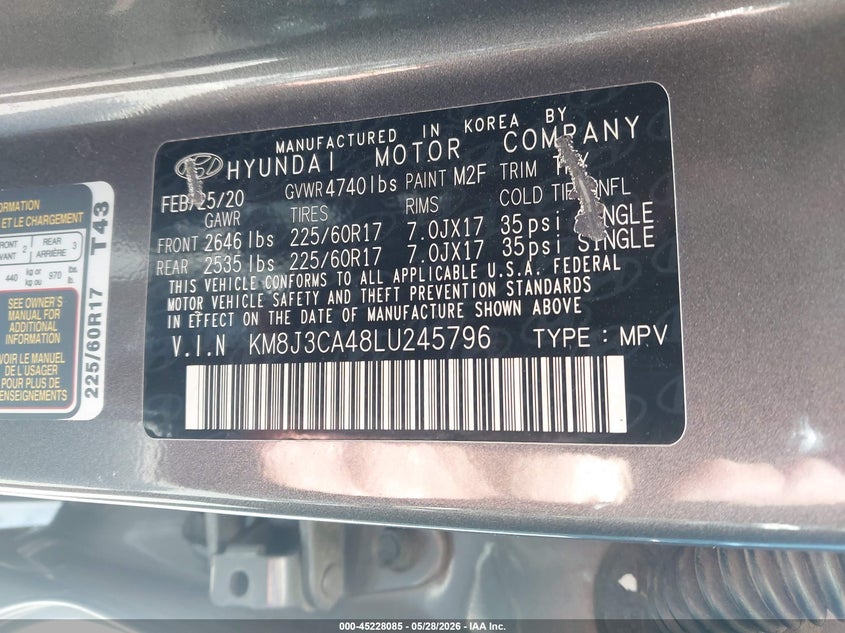 2020 Hyundai Tucson VIN KM8J3CA48LU245796 IAAI salvage auction — FRONT & REAR, Salvage (North Carolina), sold $925 on 2026-07-22 (photo 9)
