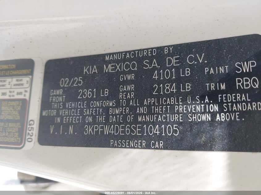 2025 Kia K4 VIN 3KPFW4DE6SE104105 IAAI salvage auction — WATER/FLOOD, Salvage Title, sold $9,750 on 2026-07-31 (photo 9)