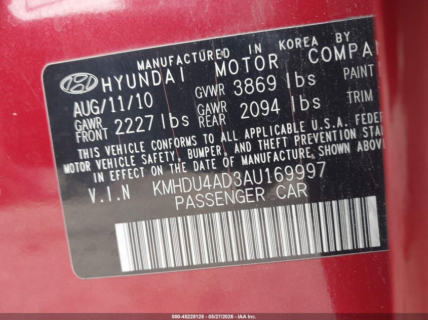 2010 Hyundai Elantra VIN KMHDU4AD3AU169997 IAAI salvage auction — FRONT END, Salvage (South Carolina), sold $400 on 2026-07-08 (photo 9)
