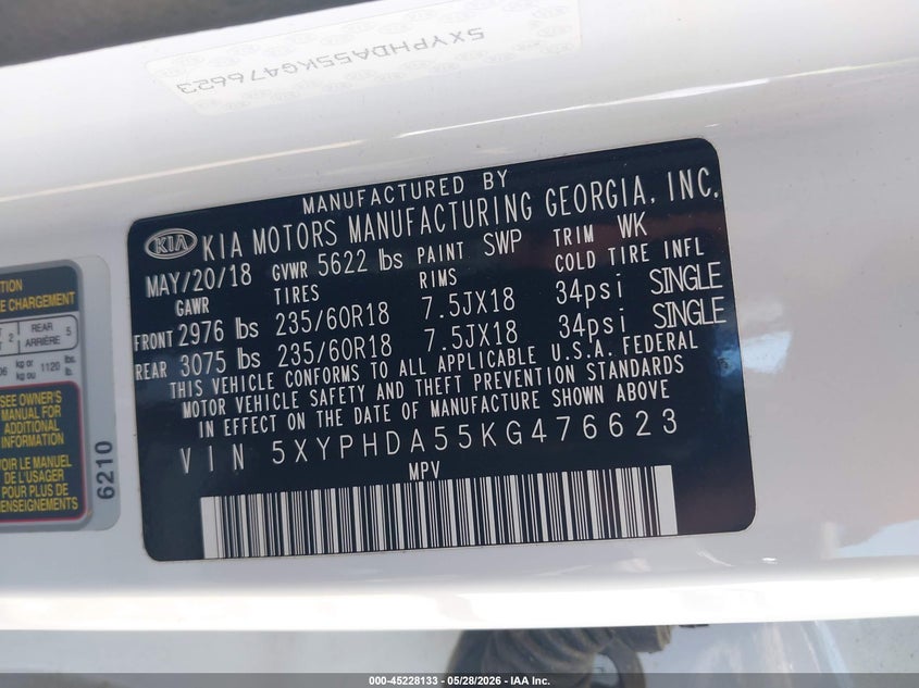 2019 Kia Sorento VIN 5XYPHDA55KG476623 IAAI salvage auction — REAR END, Salvage (Virginia), sold $4,300 on 2026-07-28 (photo 9)