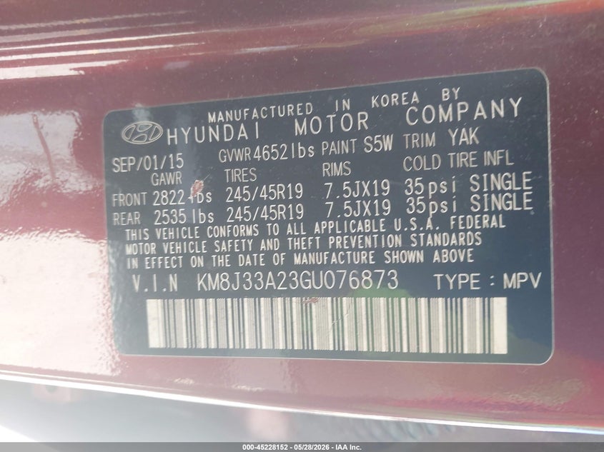 2016 Hyundai Tucson VIN KM8J33A23GU076873 IAAI salvage auction — FRONT END, Salvage Title, sold $2,500 on 2026-07-29 (photo 9)