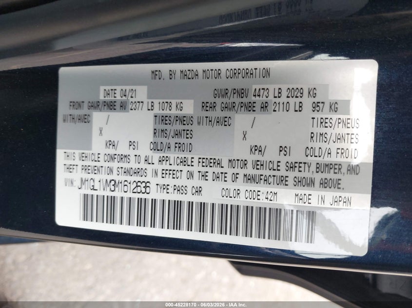2021 Mazda 6 VIN JM1GL1VM3M1612636 IAAI salvage auction — FRONT END, Salvage Title, sold $6,100 on 2026-07-30 (photo 9)