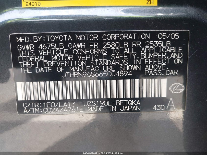 2006 Lexus Gs 430 VIN JTHBN96S665004894 IAAI salvage auction — FRONT END, Salvage (California), sold $675 on 2026-07-14 (photo 9)