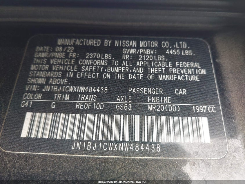 2022 Nissan Rogue VIN JN1BJ1CWXNW484438 IAAI salvage auction — RIGHT FRONT, Salvage Title, sold $6,300 on 2026-07-29 (photo 9)