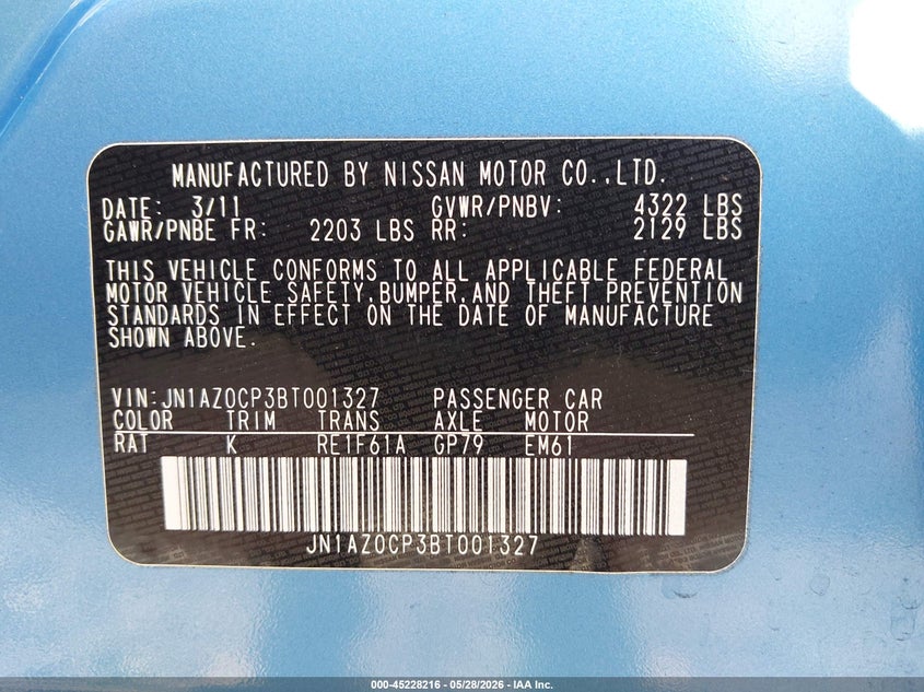 2011 Nissan Leaf VIN JN1AZ0CP3BT001327 IAAI salvage auction — FRONT END, Bill Of Sale (Washington), sold $250 on 2026-07-08 (photo 9)