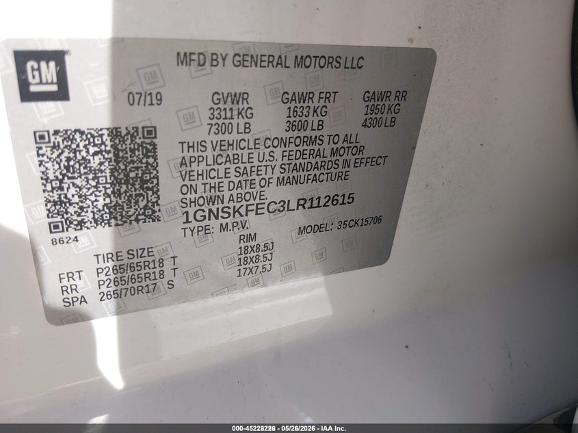 2020 Chevrolet Tahoe VIN 1GNSKFEC3LR112615 IAAI salvage auction — NORMAL WEAR, Sf97 (Washington), sold $7,500 on 2026-07-29 (photo 9)