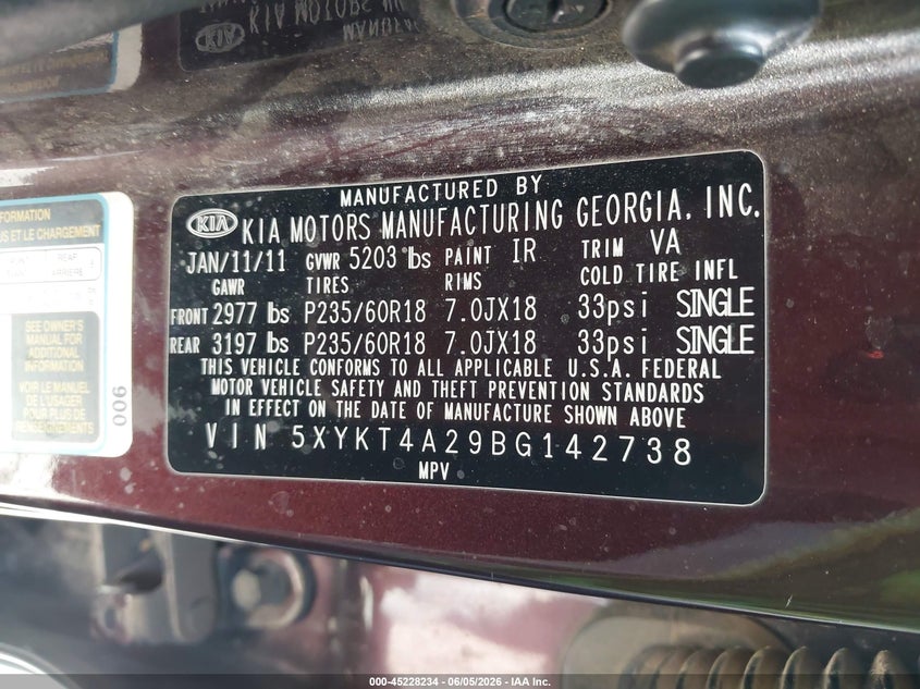 2011 Kia Sorento VIN 5XYKT4A29BG142738 IAAI salvage auction — NORMAL WEAR, Clear (Montana), sold $650 on 2026-07-28 (photo 9)