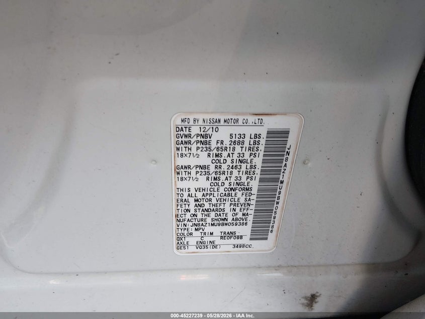 2011 Nissan Murano VIN JN8AZ1MU9BW059386 IAAI salvage auction — LEFT REAR, Salvage (Alabama), sold $1,175 on 2026-07-13 (photo 9)