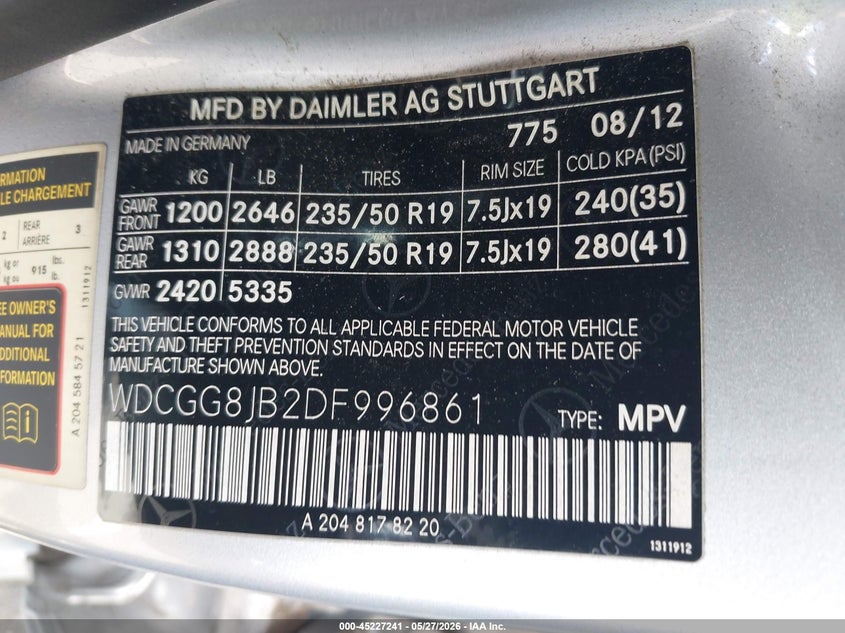 2013 Mercedes-benz VIN WDCGG8JB2DF996861 IAAI salvage auction — FRONT END, Salvage Title, sold $600 on 2026-07-07 (photo 9)