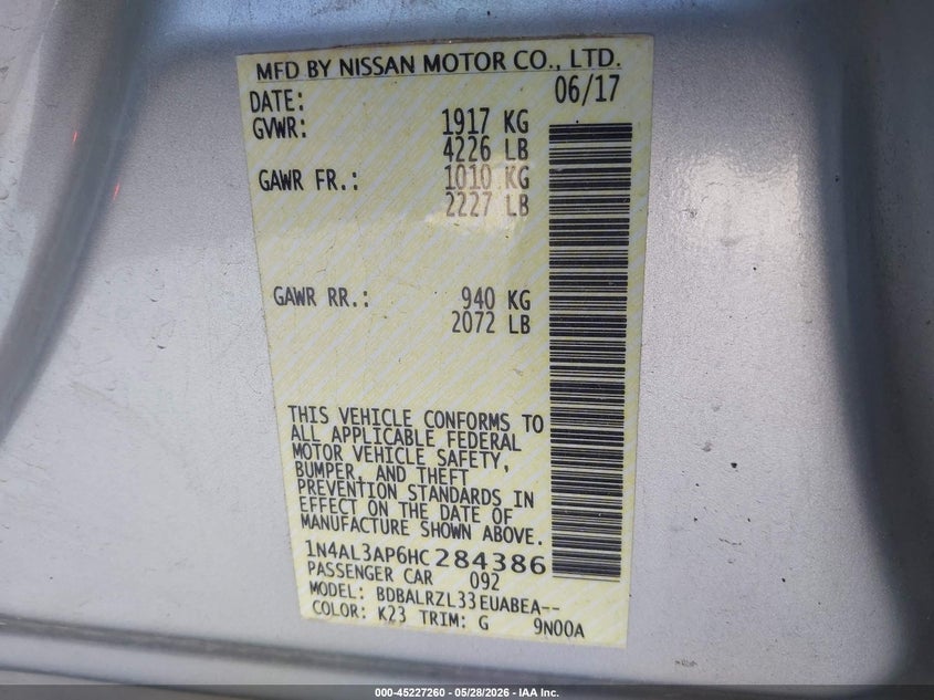 2017 Nissan Altima VIN 1N4AL3AP6HC284386 IAAI salvage auction — LEFT FRONT, Salvage Title, sold $25 on 2026-07-27 (photo 9)