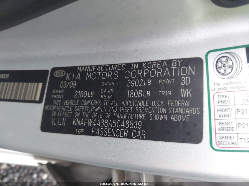 2010 Kia Forte VIN KNAFW4A38A5048839 IAAI salvage auction — NORMAL WEAR, Clear (South Carolina), sold $575 on 2026-07-28 (photo 9)