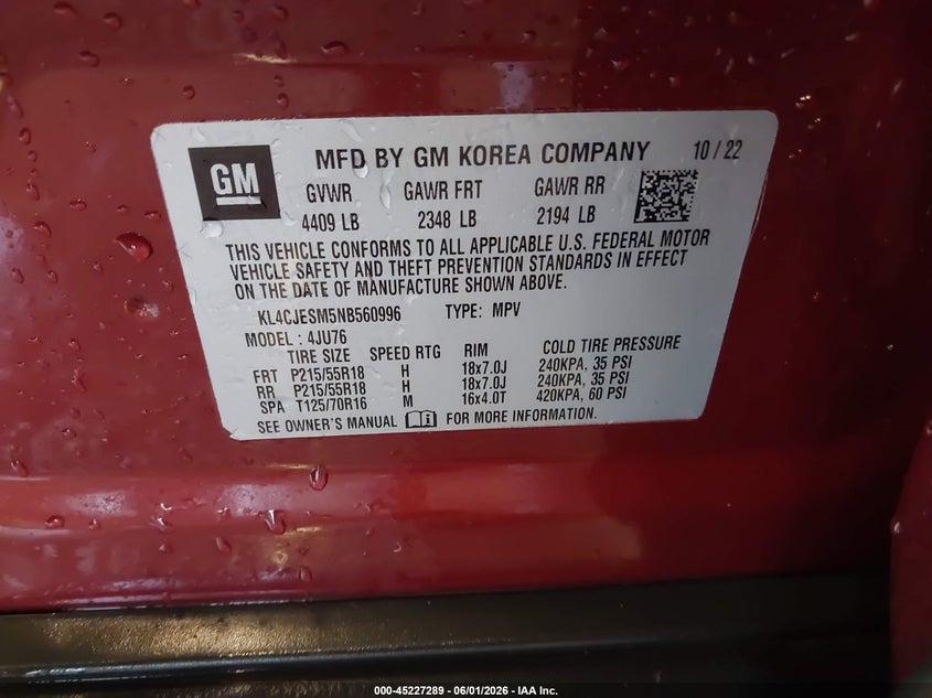2022 Buick Encore VIN KL4CJESM5NB560996 IAAI salvage auction — RIGHT REAR, Salvage Title, sold $3,450 on 2026-07-14 (photo 9)