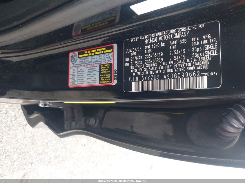 2013 Hyundai Santa fe VIN 5XYZU3LA9DG099662 IAAI salvage auction — REAR END, Salvage Title, sold $1,600 on 2026-07-13 (photo 9)