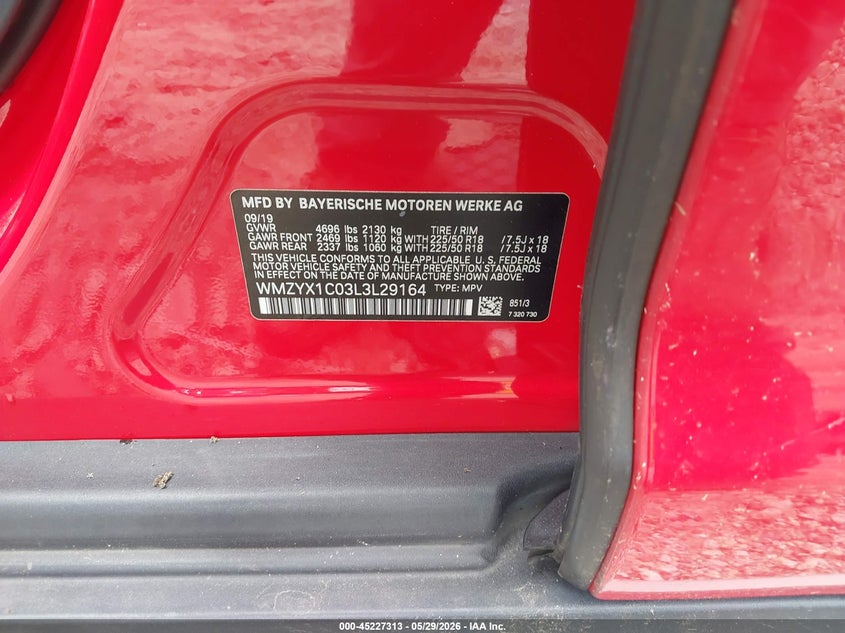 2020 Mini Countryman VIN WMZYX1C03L3L29164 IAAI salvage auction — TRANSMISSION, Salvage Title, sold $3,250 on 2026-08-01 (photo 9)