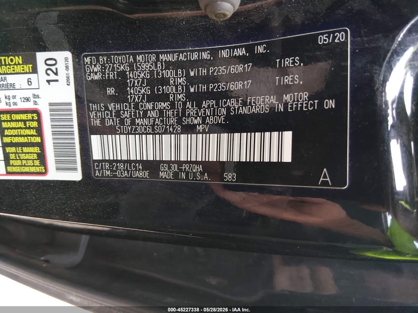 2020 Toyota Sienna VIN 5TDYZ3DC6LS071428 IAAI salvage auction — FRONT END, Salvage (Arizona), sold $1,575 on 2026-07-30 (photo 9)