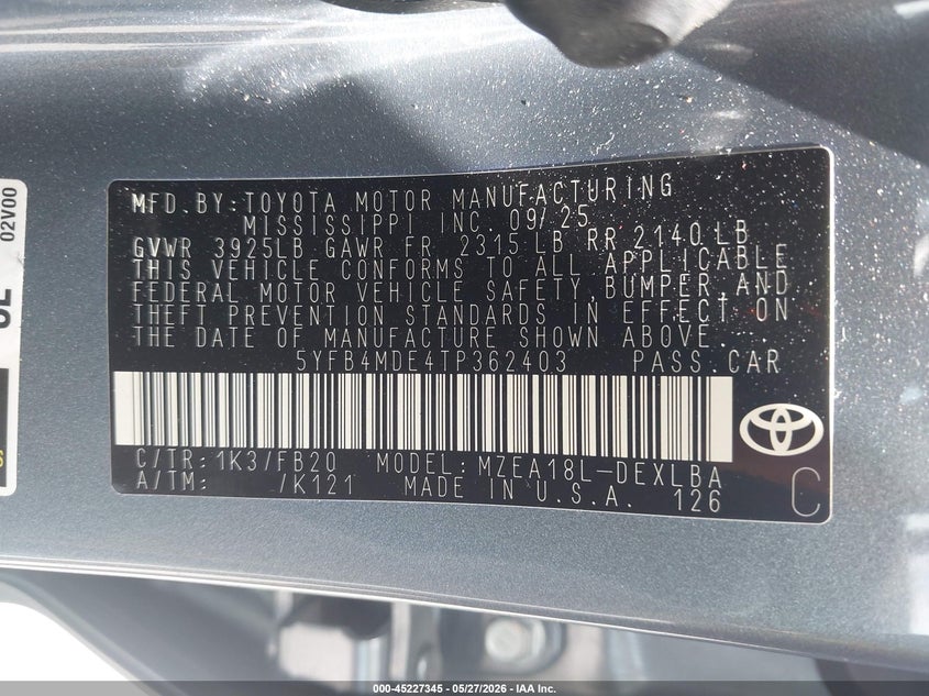 2026 Toyota Corolla VIN 5YFB4MDE4TP362403 IAAI salvage auction — BIO HAZARD, Salvage Title, sold $3,000 on 2026-07-17 (photo 9)