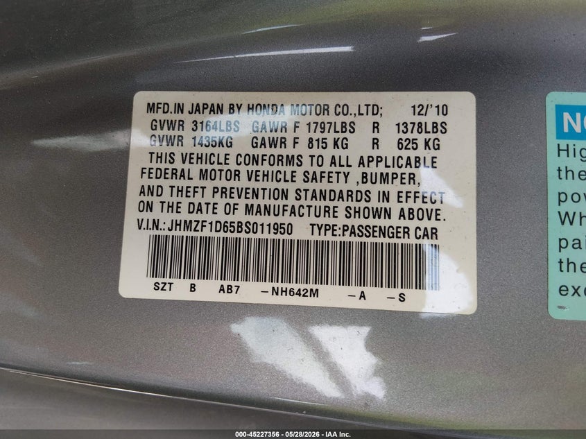 2011 Honda Cr-z VIN JHMZF1D65BS011950 IAAI salvage auction — FRONT END, Salvage (Colorado), sold $375 on 2026-08-01 (photo 9)