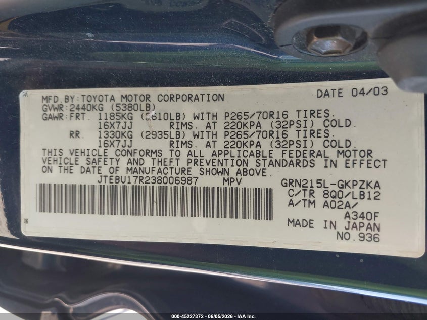 2003 Toyota 4runner VIN JTEBU17R238006987 IAAI salvage auction — RIGHT FRONT, Clear (Montana), sold $75 on 2026-07-29 (photo 9)