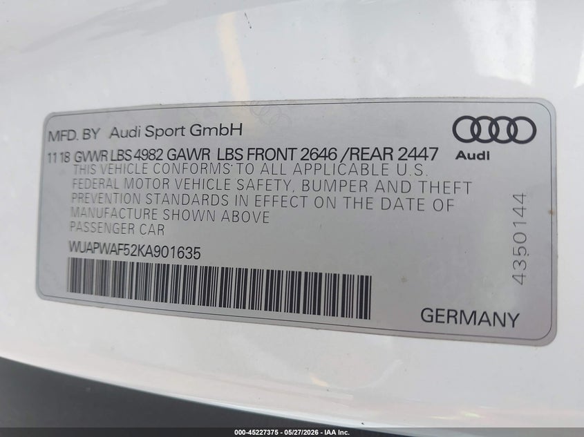 2019 Audi VIN WUAPWAF52KA901635 IAAI salvage auction — RIGHT SIDE, Rebuildable (Florida), sold $13,875 on 2026-07-13 (photo 9)