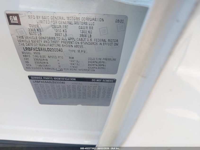 2020 Buick Envision VIN LRBFXCSA8LD230040 IAAI salvage auction — FRONT END, Salvage Title, sold $2,600 on 2026-07-21 (photo 9)