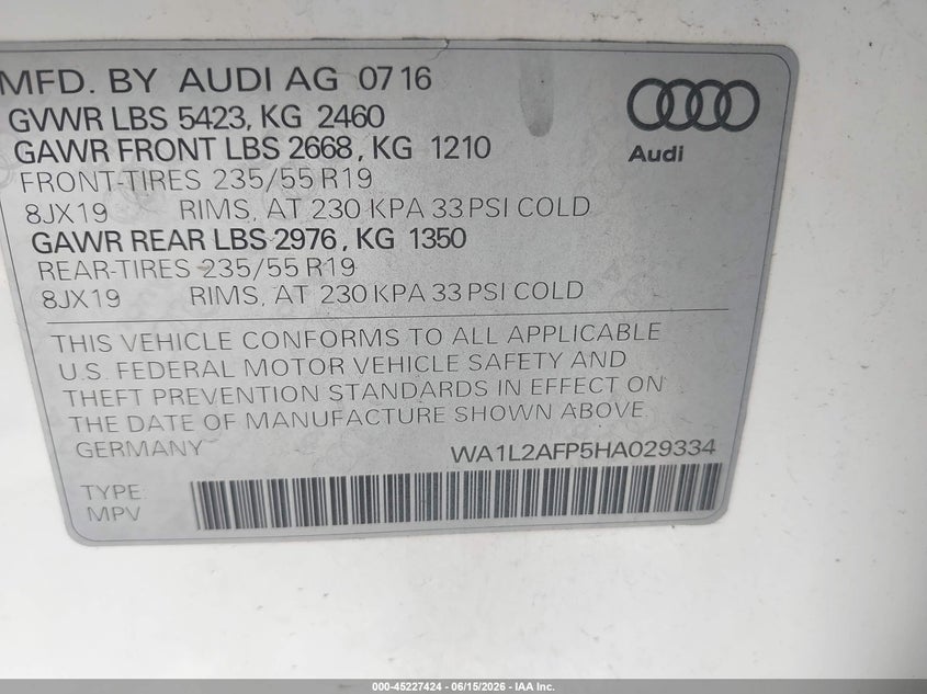 2017 Audi Q5 VIN WA1L2AFP5HA029334 IAAI salvage auction — NORMAL WEAR, Clear (Florida), sold $1,225 on 2026-07-16 (photo 9)