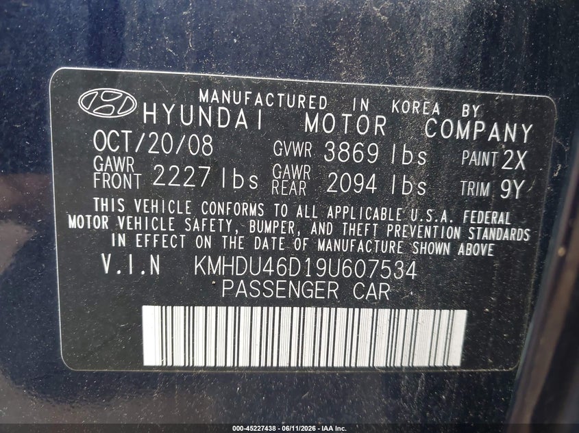 2009 Hyundai Elantra VIN KMHDU46D19U607534 IAAI salvage auction — LEFT & RIGHT, Salvage (Ohio), sold $300 on 2026-07-09 (photo 9)